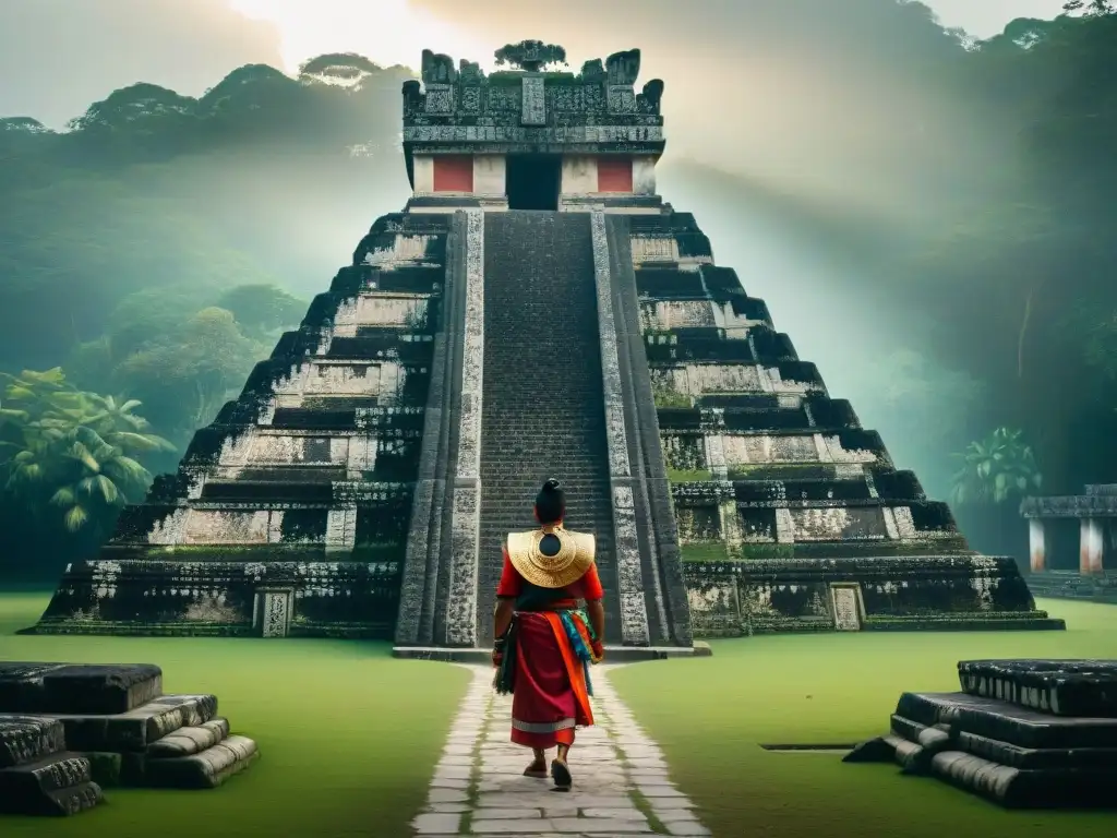 Templo maya al amanecer con tallados detallados del Dios Itzamná en cultura maya, iluminado por el sol dorado