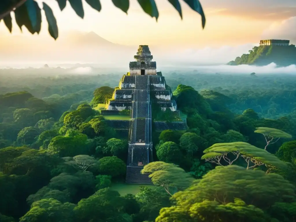 Templo IV en Tikal emerge sobre la selva, con jeroglíficos y un atardecer dorado