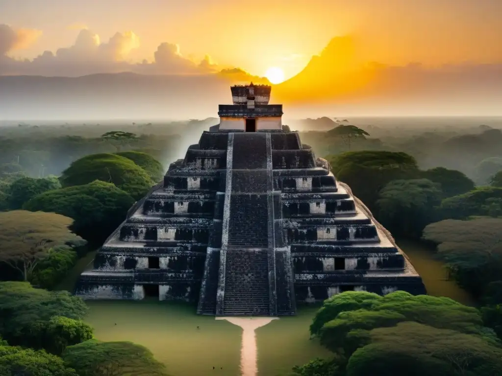 Templos mayas detallados iluminados por el atardecer, reflejando la conexión entre arquitectura y astronomía divina de los Dioses mayas