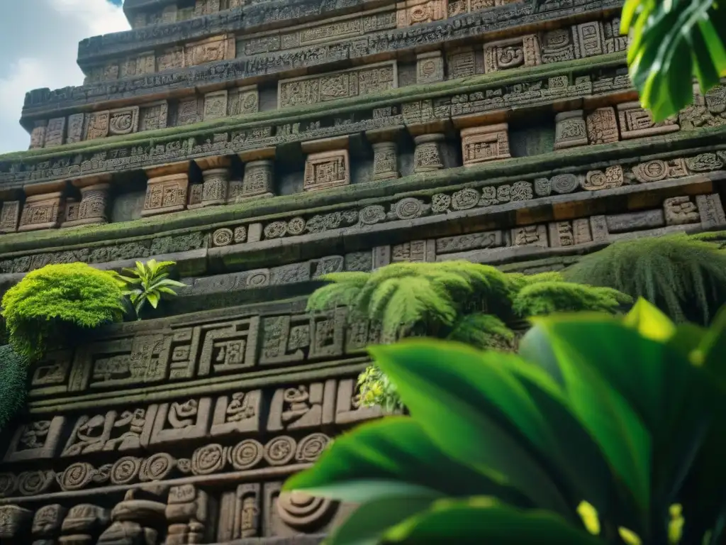 Ingeniería detrás templos mayas secretos: Intrincados grabados de piedra en un majestuoso templo, con sombras dramáticas y detalles milenarios