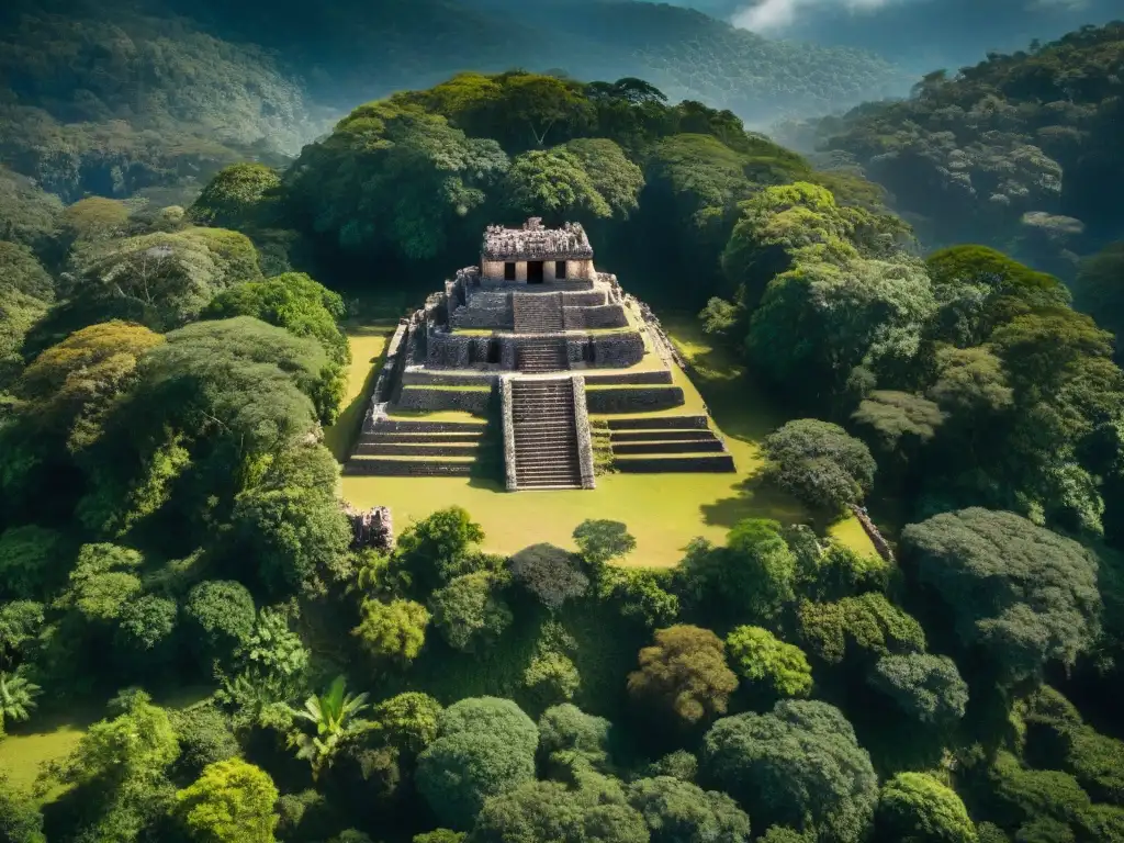 Tesoro oculto: civilización maya en ruinas de Yaxchilán entre exuberante vegetación, con estructuras de piedra y grabados antiguos