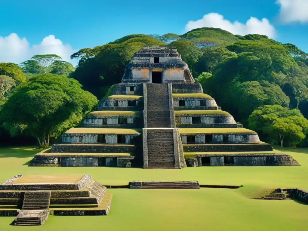 Tesoro sagrado Altun Ha Belice: Detalle majestuoso del Templo de los Altares de Piedra en Altun Ha, mostrando las intrincadas tallas mayas