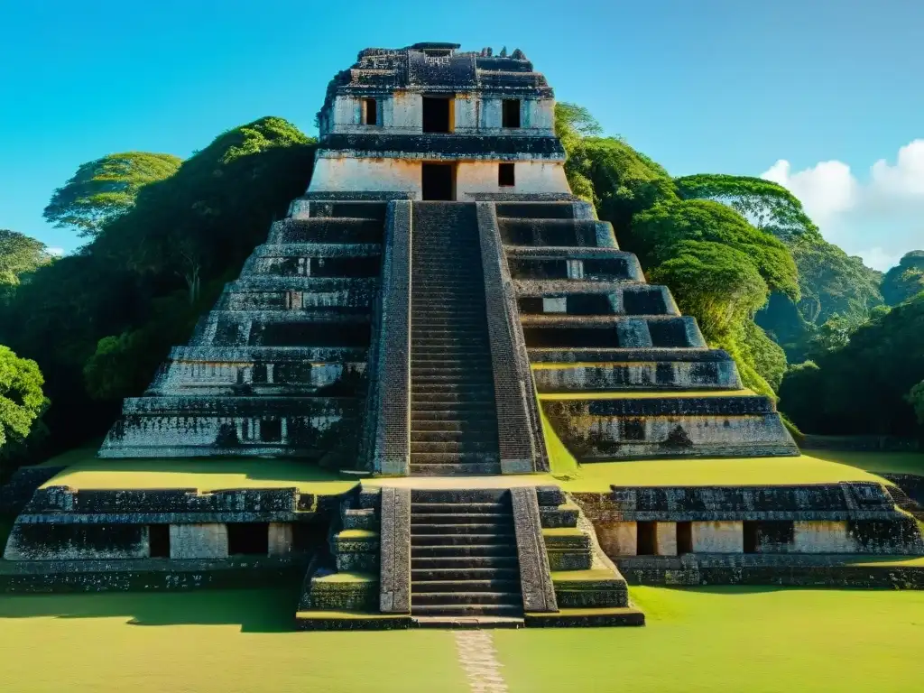 Tesoro sagrado Altun Ha Belice: majestuoso templo de piedra con intrincadas carvings y selva exuberante al fondo