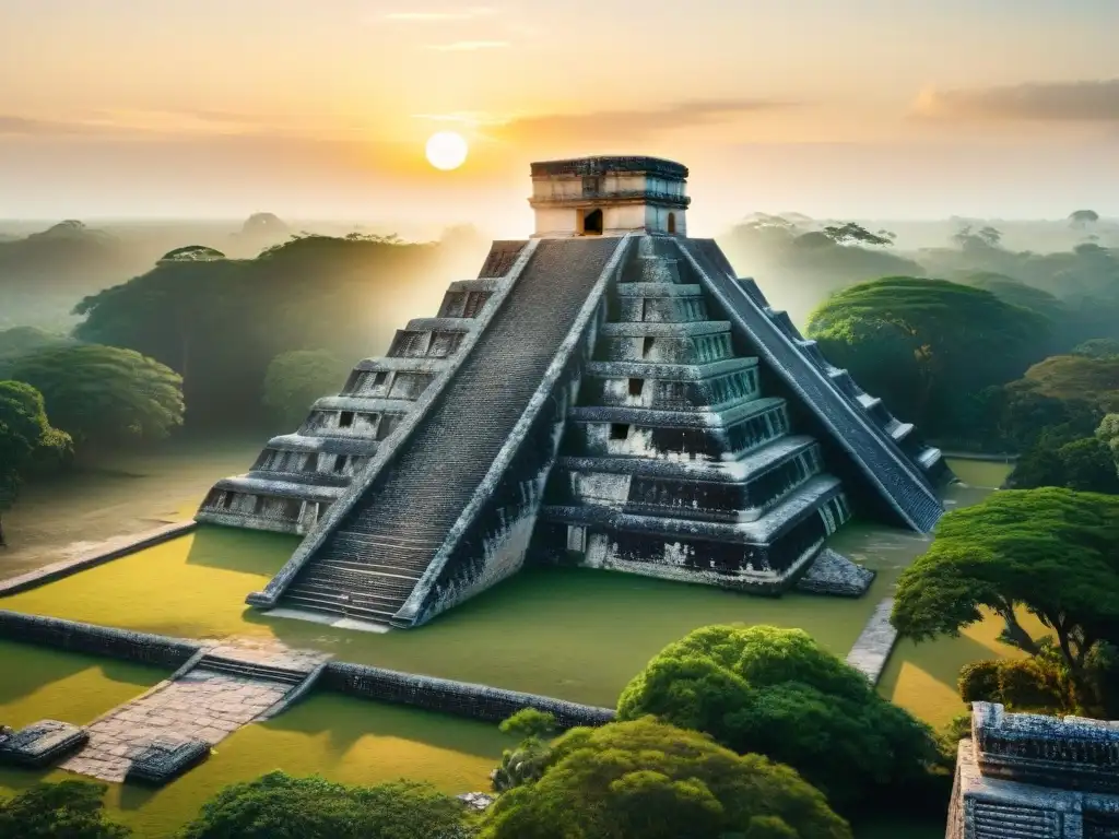 Explora tesoros arqueológicos mayas al atardecer, con turistas escuchando a un guía