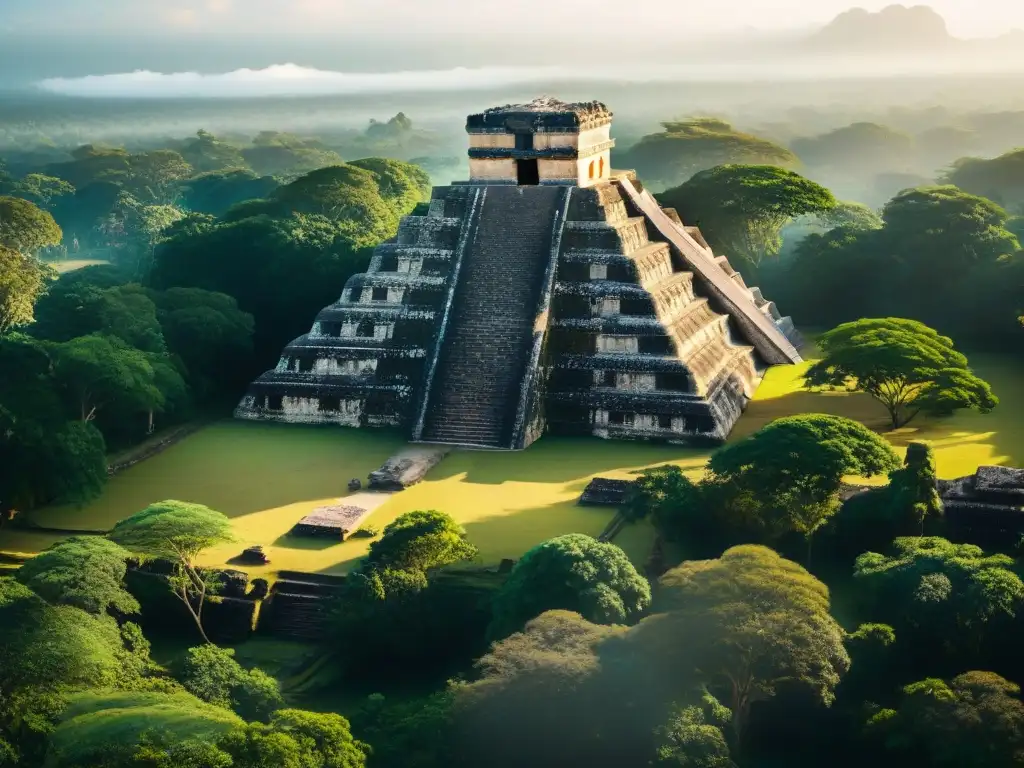 Descubre los tesoros arqueológicos mayas al amanecer, con pirámides, detalladas esculturas y exuberante vegetación