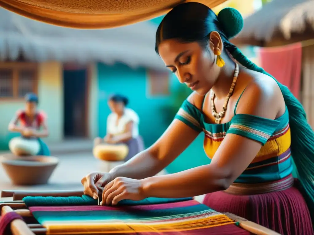 Textiles mayas expresión cultural social: Mujeres mayas tejiendo textiles tradicionales bajo el sol, con hilos de colores y patrones intrincados