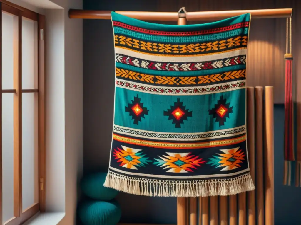 Textiles mayas exhibidos con elegancia, resaltando patrones tradicionales y colores vibrantes