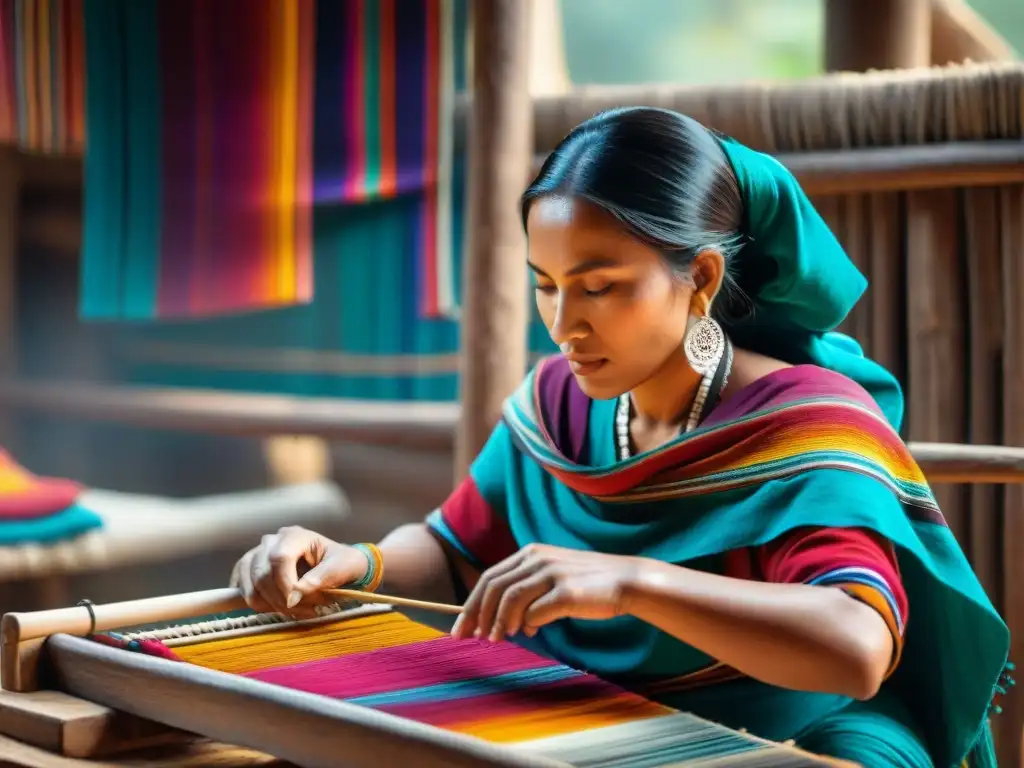 Textiles mayas en tradicional telar con mujer tejiendo patrones, resaltando la herencia cultural y artesanía