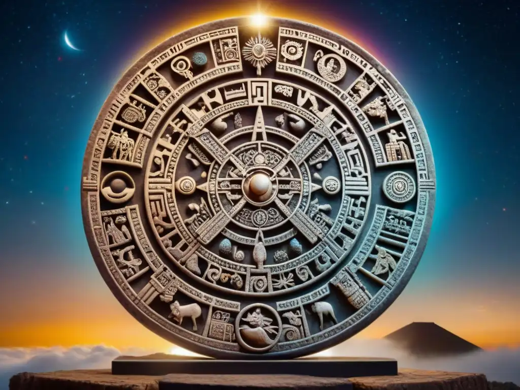 El texto ALT es: 'Calendario Maya esculpido con símbolos y glifos, sol y luna en el centro