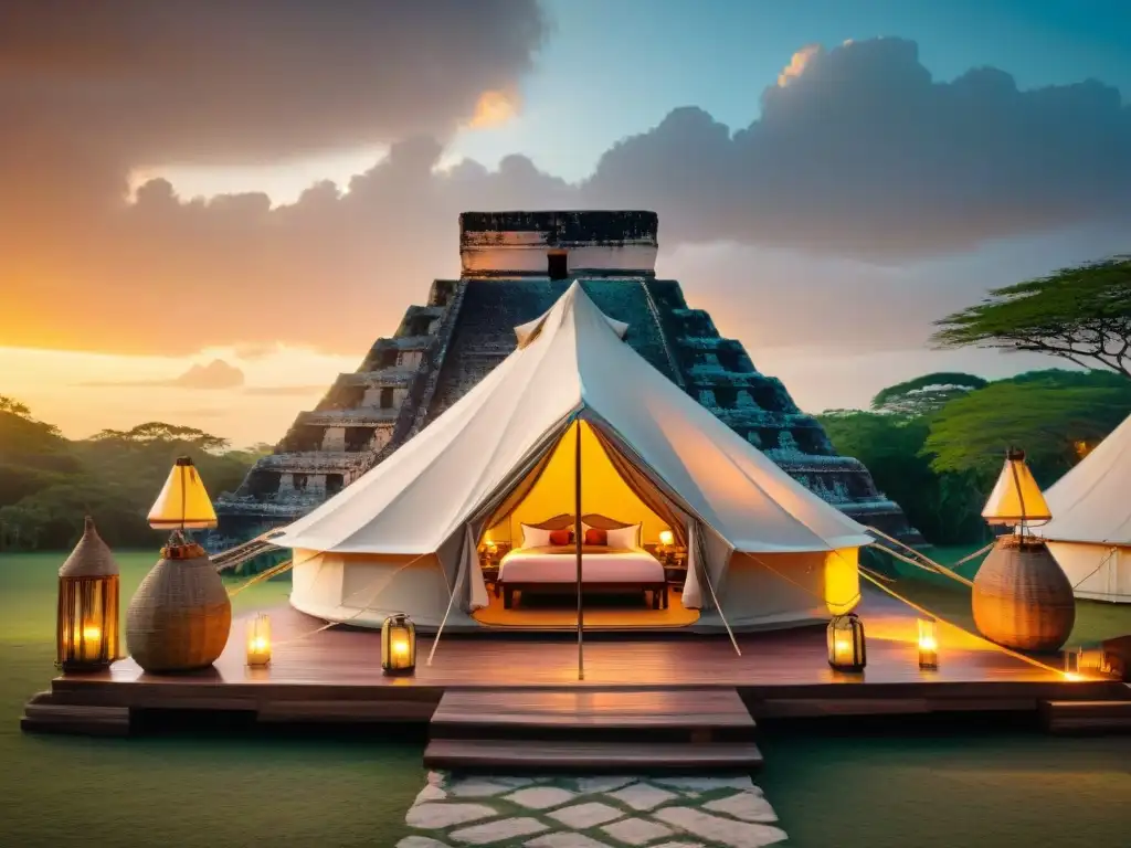 Tienda de glamping de lujo frente a ruinas mayas al atardecer