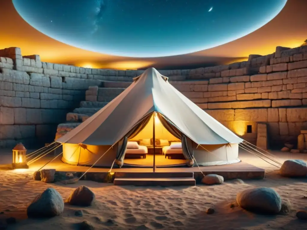 Tienda de lujo de glamping en zona arqueológica maya bajo el cielo estrellado y las ruinas iluminadas por la luna