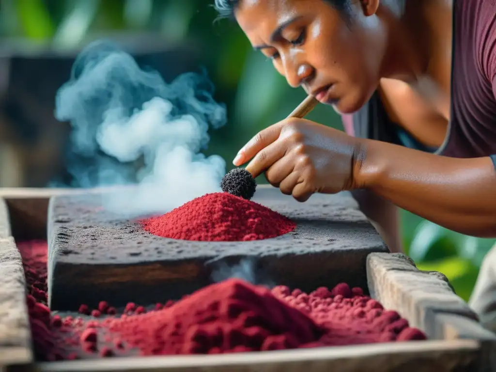 Producción de tintes naturales mayas: Artesano maya extrayendo tinte rojo de insectos cochinilla en una piedra volcánica