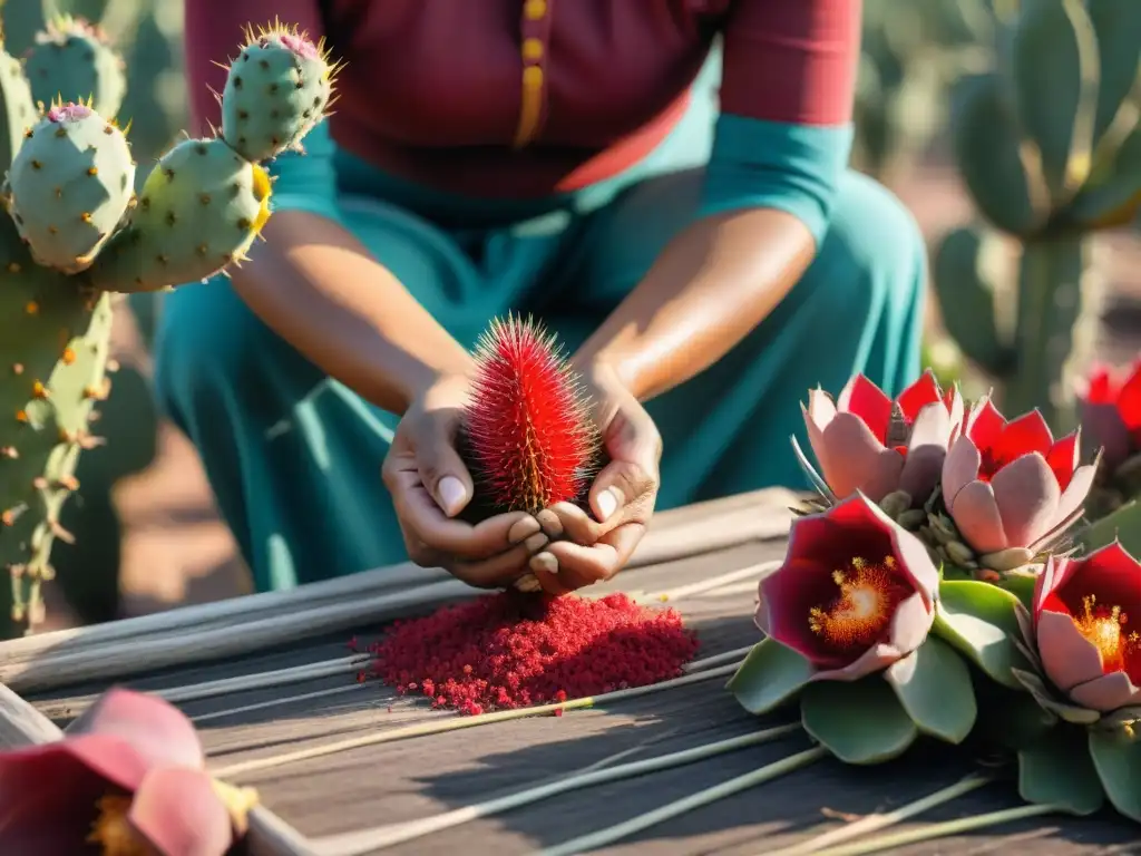 Producción de tintes naturales mayas: Mujer maya recolectando cochinilla roja de un nopal bajo el sol, reflejando una ancestral técnica de tintura