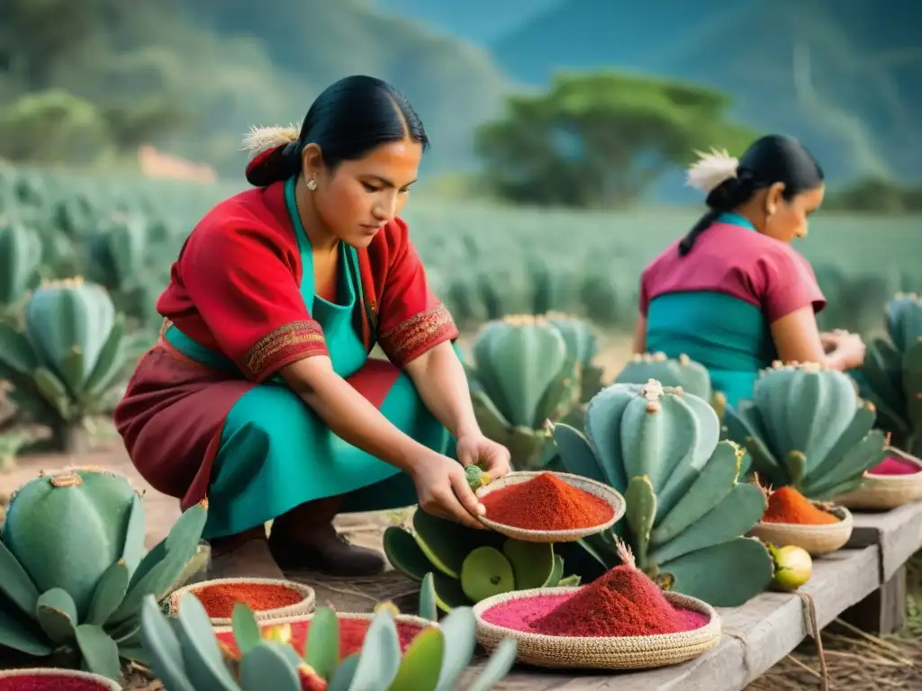 Producción de tintes naturales mayas: Mujeres mayas recolectan cochinilla en campo guatemalteco soleado