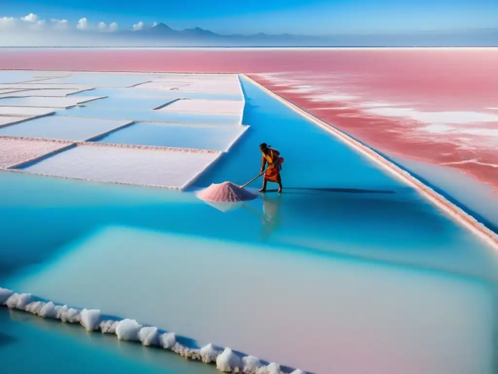 Trabajadores mayas cosechando sal en salares rosados bajo el sol, reflejando la importancia de la sal en la dieta maya