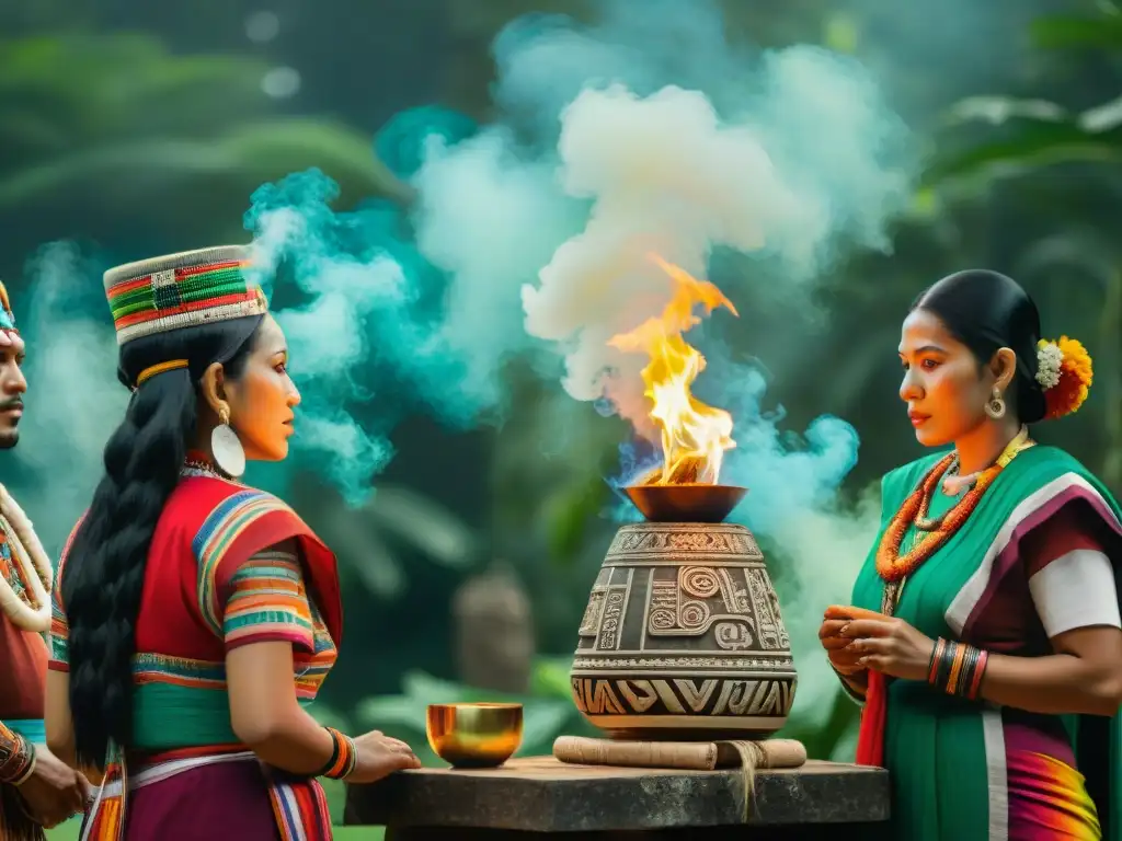 Ceremonia Maya: Tradición y Resiliencia en la Selva Celebración tradicional Maya en la selva con vestimenta vibrante y ruinas al fondo