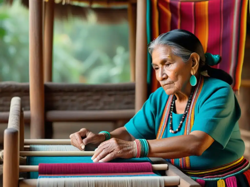 Preservación de tradiciones mayas: Anciana maya tejiendo un textil colorido en telar de madera, rodeada de su acogedor hogar tradicional