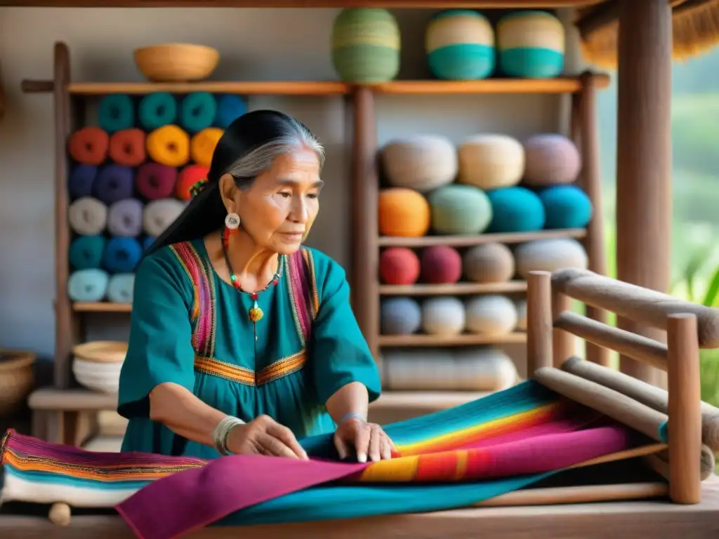 Tradiciones textiles mayas generacionales: Anciana maya cuida con esmero un huipil ancestral, en un telar rústico