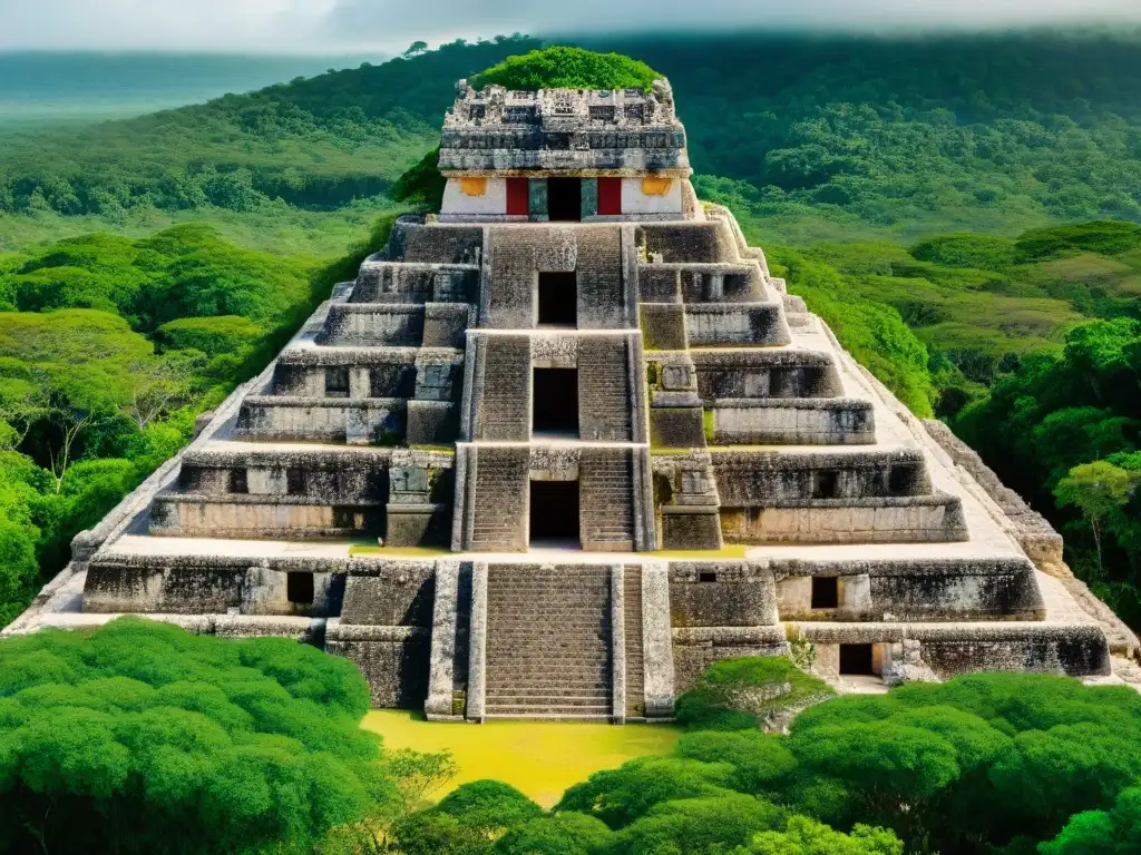 Explora el turismo cultural en Calakmul Virtual: ruinas antiguas con detalladas esculturas de piedra y hieroglíficos, entre exuberante vegetación