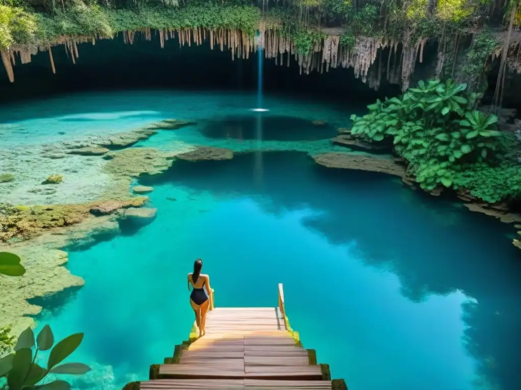 Turismo cultural en cenote maya, snorkelers explorando aguas cristalinas entre selva exuberante