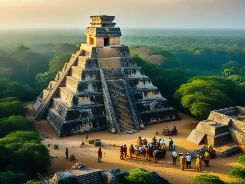 Turismo cultural en Cobá: Arqueólogos excavando artefactos mayas en la neblina matutina, con la pirámide Nohoch Mul al fondo