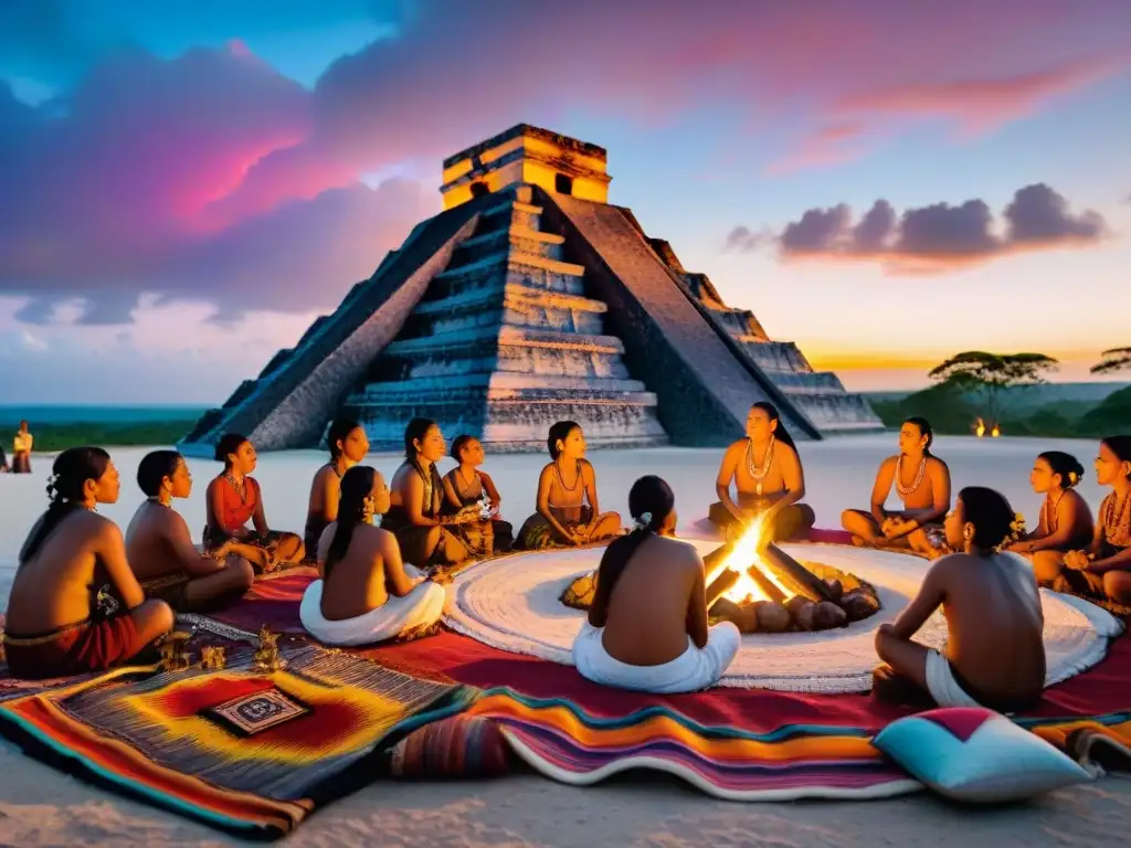 Turismo cultural en comunidades maya: Reunión vibrante al atardecer con juegos tradicionales, fuego y templo antiguo al fondo