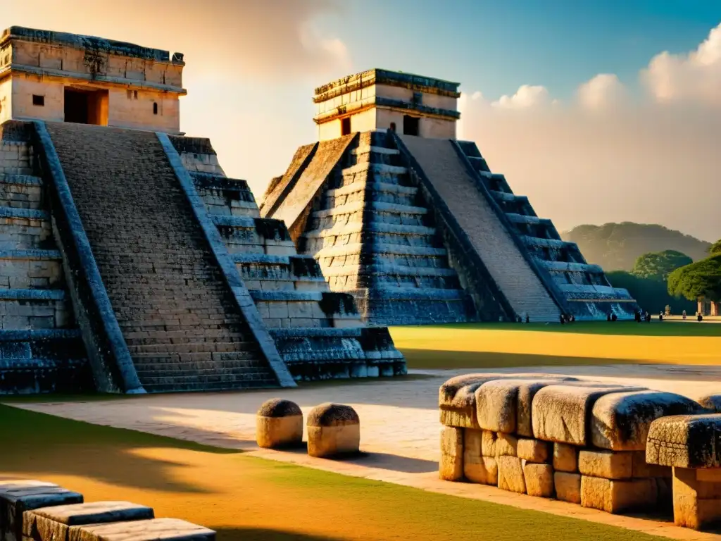 Turismo cultural en Chichen Itzá: Detalles del Templo de Kukulcán iluminados por el sol al atardecer, creando una atmósfera mágica y majestuosa