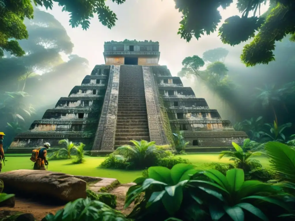 Turismo cultural en civilización maya: Arqueólogos explorando un templo rodeado de exuberante selva