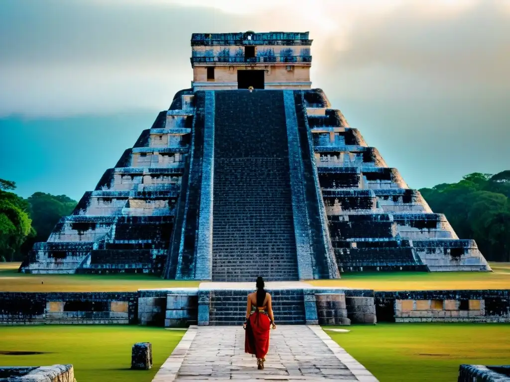 Turismo cultural en la civilización maya: La majestuosa pirámide de Kukulcán en Chichén Itzá durante el equinoccio de primavera, mostrando la sombra serpentina descendiendo los escalones, simbolizando al dios Quetzalcóatl