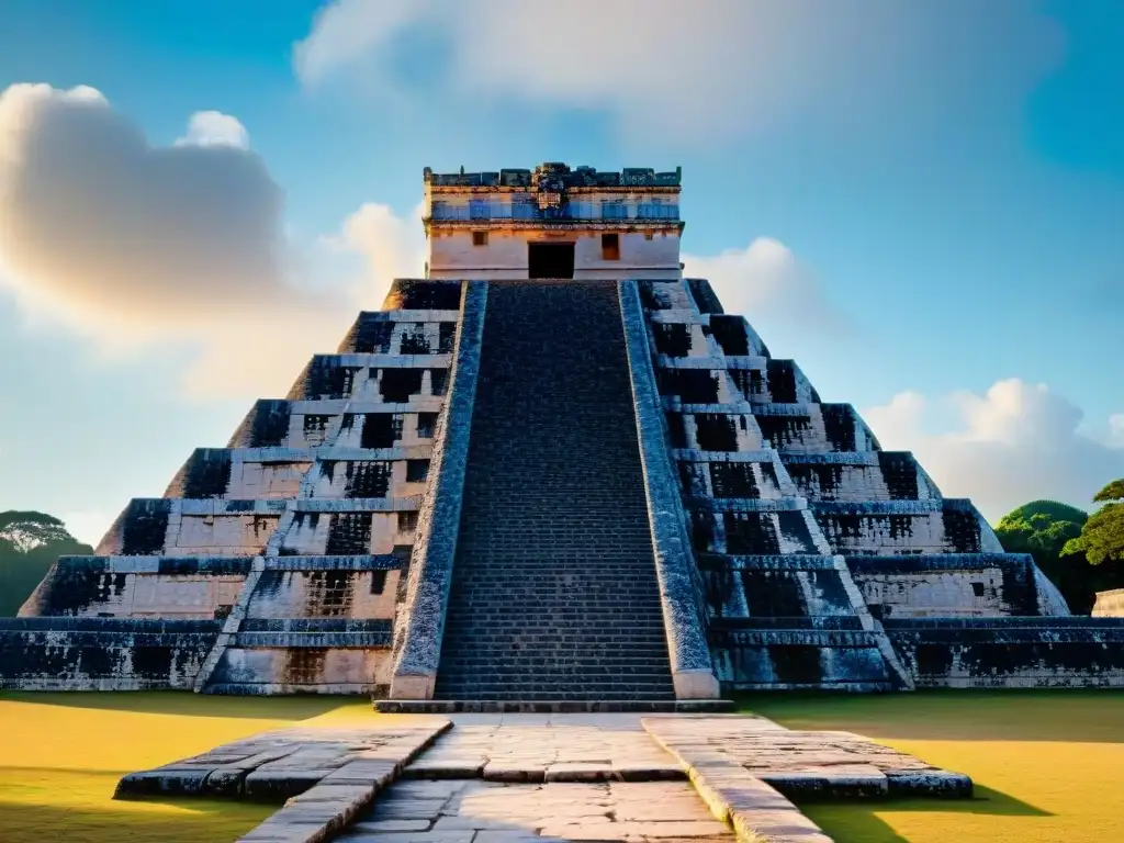 Turismo cultural en la civilización maya: el Templo de Kukulkán en Chichén Itzá bajo la cálida luz dorada, con visitantes y cielo azul