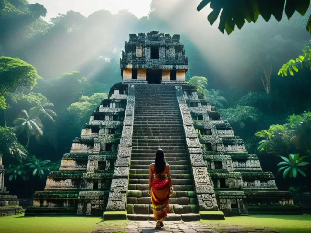 Explora el turismo cultural civilización maya en este templo maya con intrincados grabados y vegetación exuberante