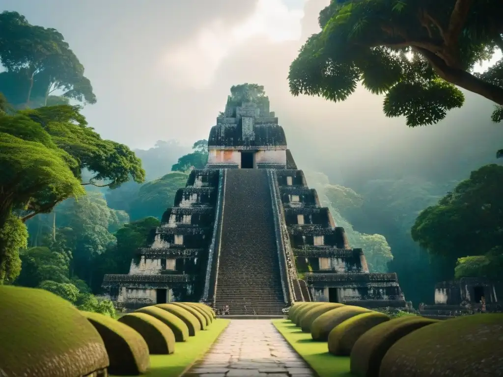 Turismo cultural en la civilización maya: Templo de Tikal emergiendo en la selva guatemalteca, con detalles y misticismo ancestral