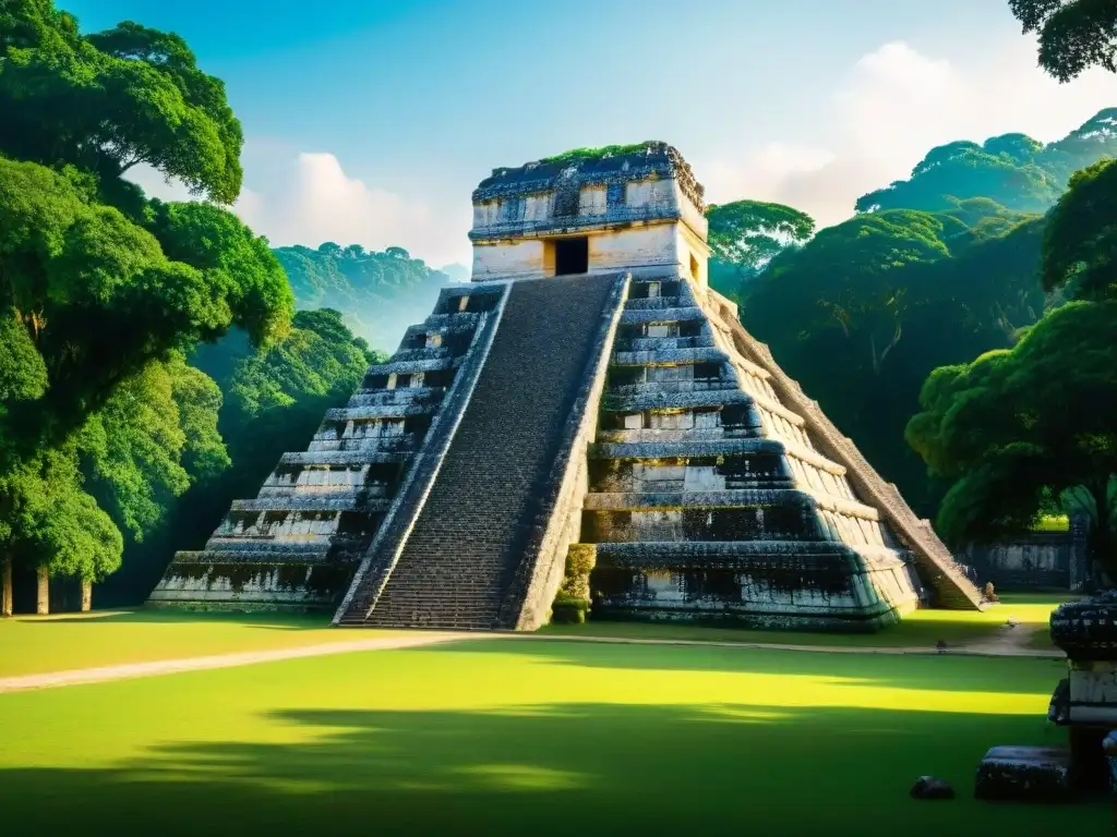 Turismo cultural en Palenque Maya: detallada imagen del Templo de las Inscripciones resaltando su grandiosidad y belleza natural