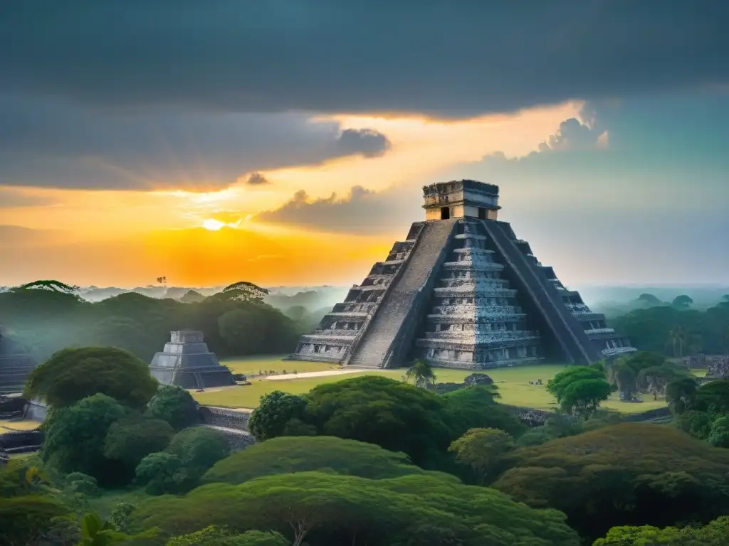 Turismo cultural en El Zotz: Ruinas Mayas al atardecer con murciélagos y selva exuberante