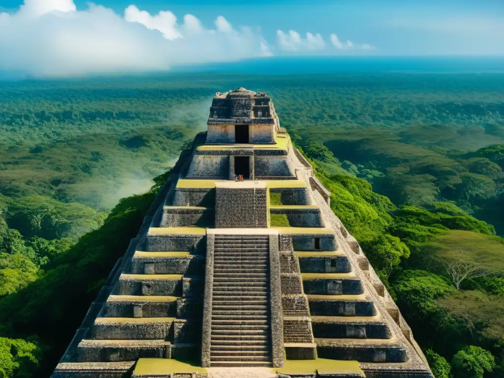 Turistas exploran las antiguas ruinas mayas desde la pirámide Nohoch Mul en Cobá