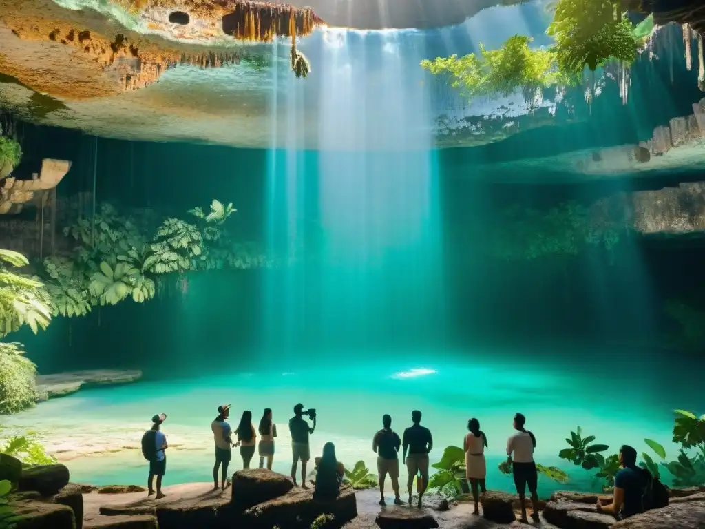 Turistas escuchan a guía en cenote maya: turismo cultural cenotes mayas responsables