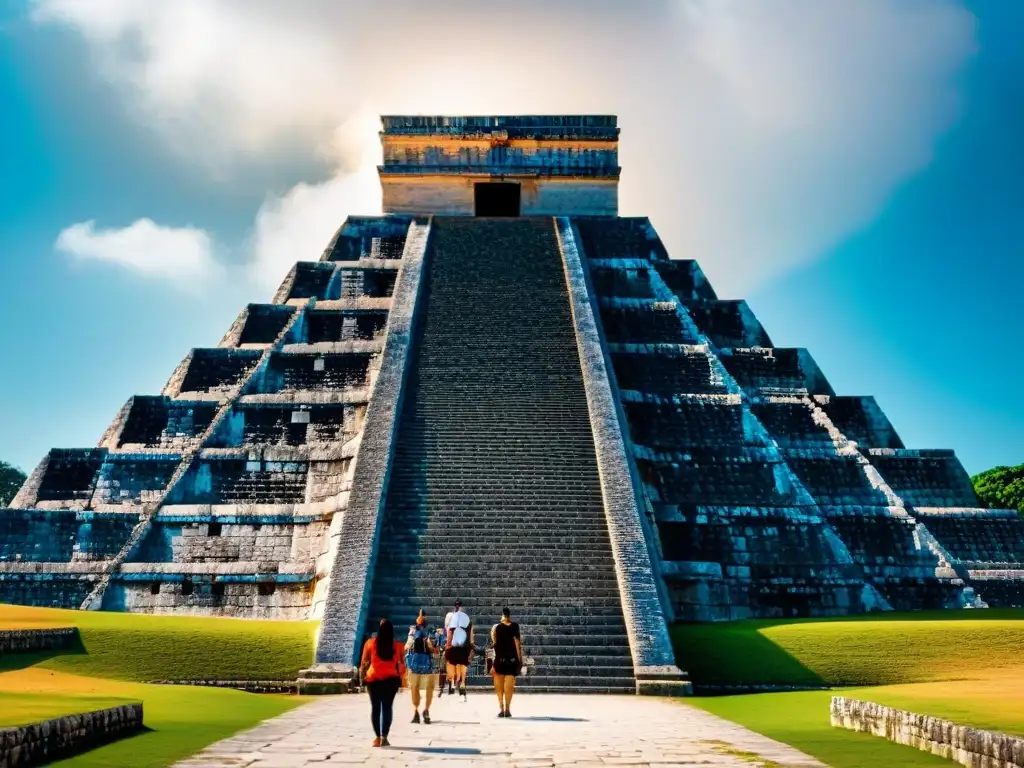 Turistas maravillados por alineaciones astronómicas mayas en el majestuoso Templo de Kukulcán en Chichén Itzá durante el equinoccio