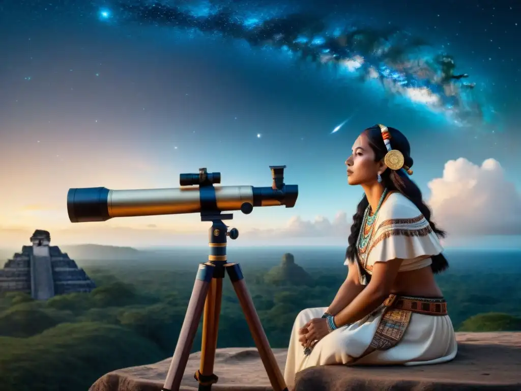 Visión del universo maya: Astrónomo maya observando el cielo estrellado con telescopio de madera y obsidiana, rodeado de símbolos antiguos