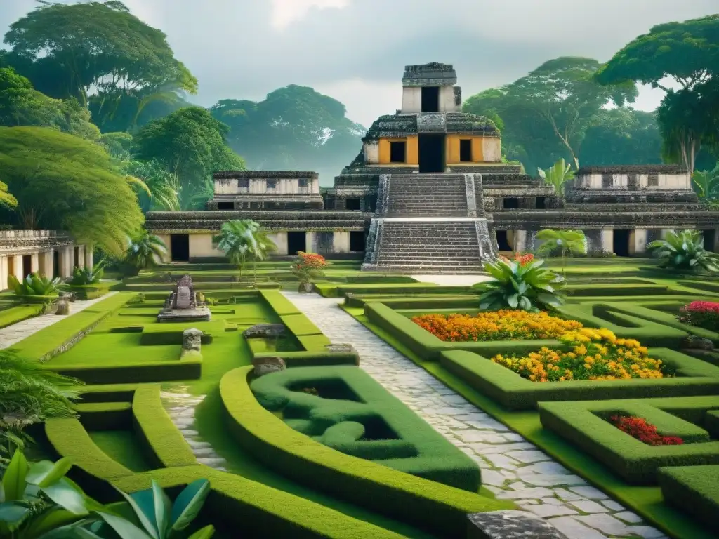 Un jardín urbano maya: verdor, flores vibrantes, senderos de piedra y ruinas antiguas entre la armonía de la naturaleza y la civilización