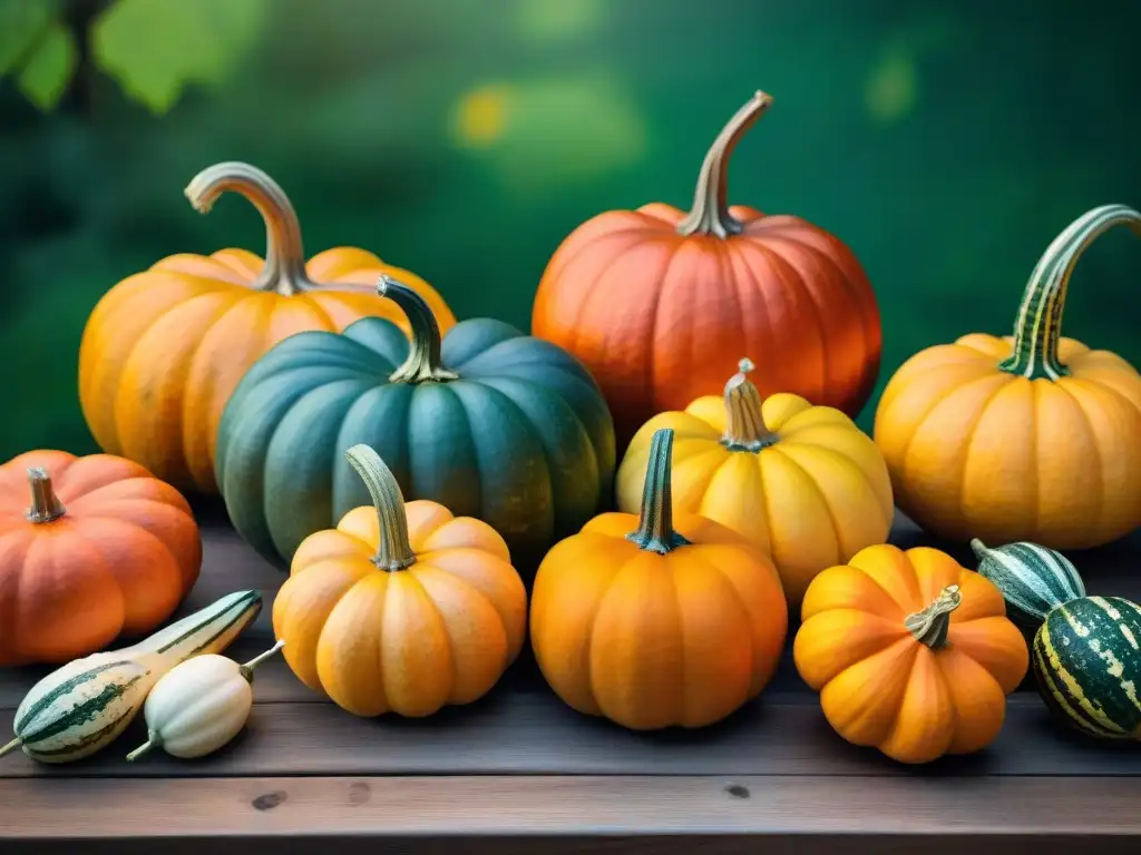 Una variedad de calabazas y zapallos de distintos tamaños y colores, ordenados sobre una mesa de madera rústica