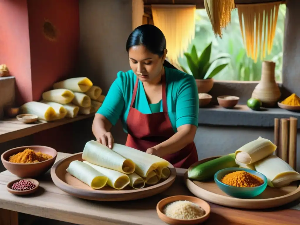 Variedades de tamales mayas: una cocina tradicional maya llena de ingredientes coloridos y una mujer maya preparando tamales con destreza