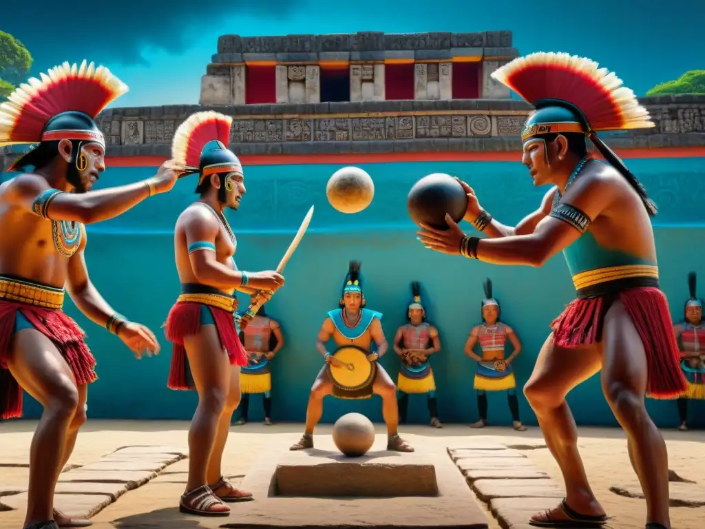 Vasija de cerámica detallada del juego de pelota maya, con jugadores en competencia y elementos arquitectónicos tradicionales