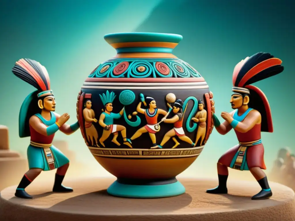 Vaso de cerámica con detallada representación del Juego de Pelota maya en vibrantes colores y expresiones precisas