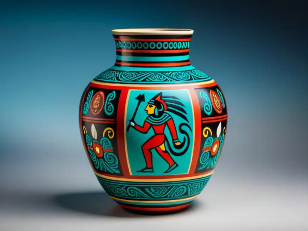 Vaso de cerámica maya con colores vibrantes, patrones geométricos e imágenes de criaturas y escenas históricas