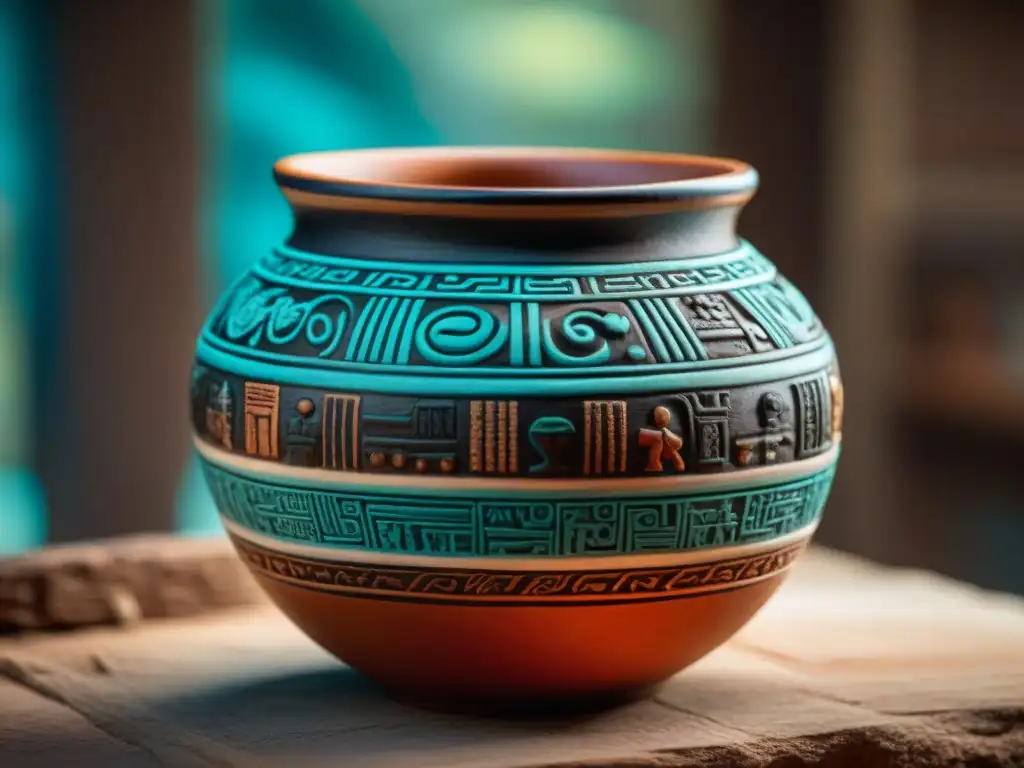 Vaso cerámico maya antiguo con intrincados grabados y colores vibrantes, destacando las técnicas cerámica maya antigua