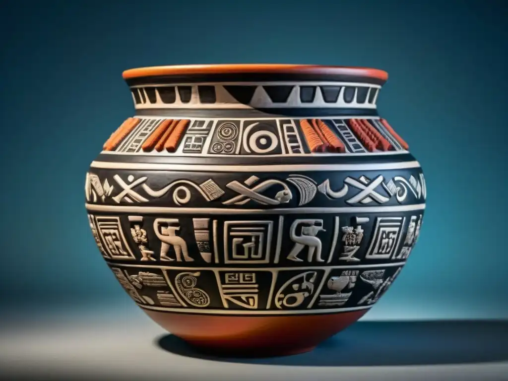 Vaso cerámico maya detallado con glifos y diseños intrincados, resaltando la cultura y significado de la cerámica maya