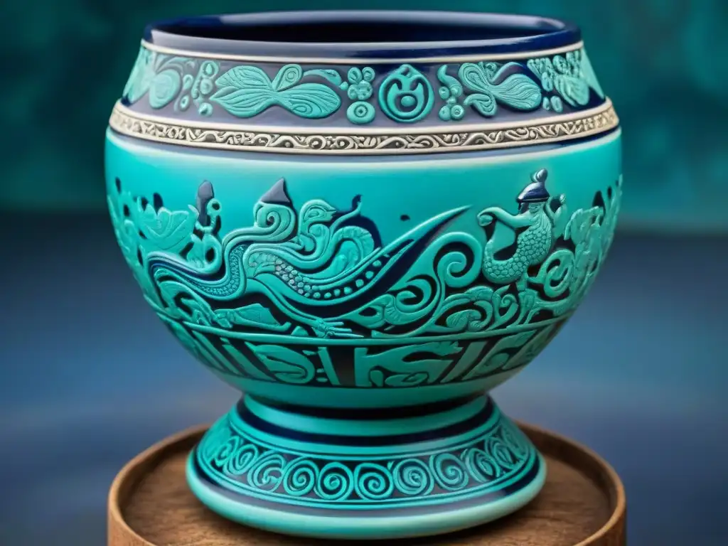 Vaso cerámico maya con simbolismo de agua y deidades acuáticas en tonos turquesa y azul