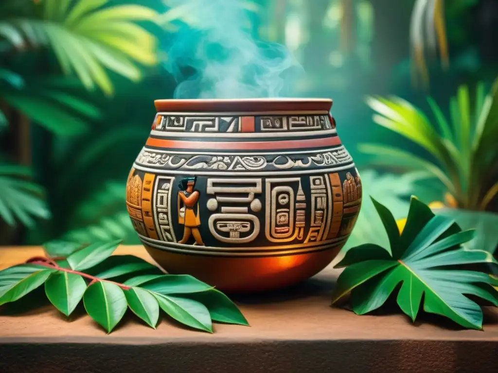 Vaso ceremonial maya con decoraciones detalladas en la selva - Recetas bebidas antiguas mayas