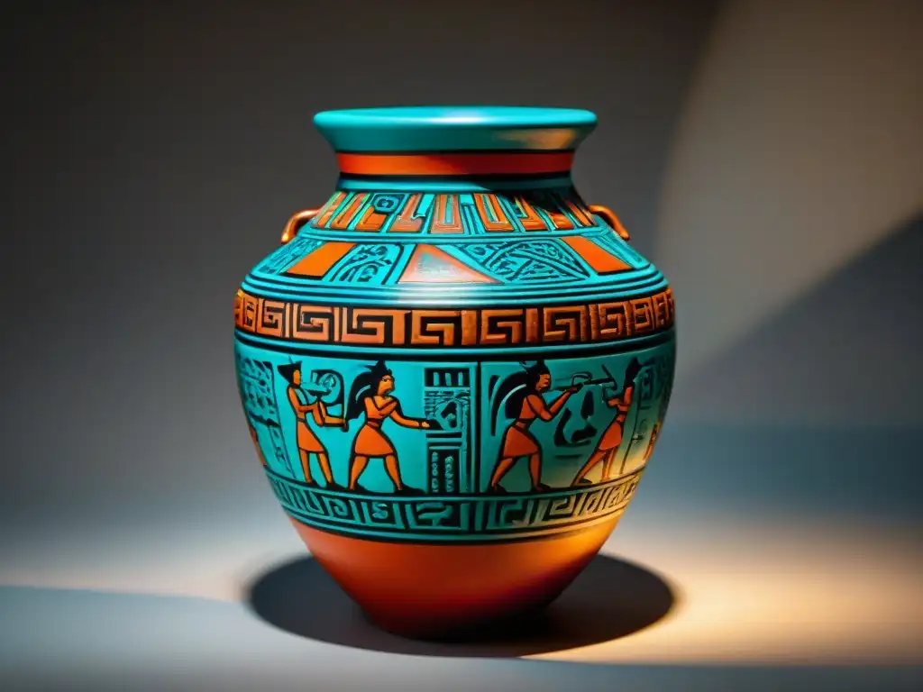 Vaso maya detallado con jeroglíficos y escenas mitológicas, muestra la cerámica maya historia mitología culturales