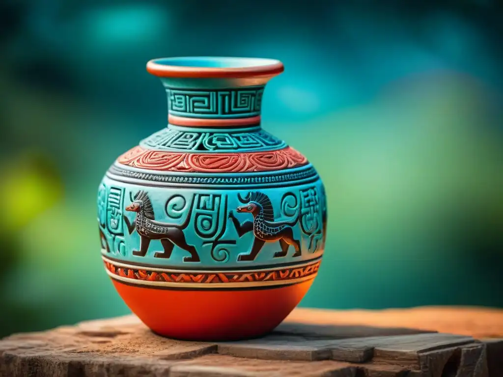 Vaso maya con detalle de Kukulkán en cerámica, representando la importancia de dioses mayas en cerámica y joyería